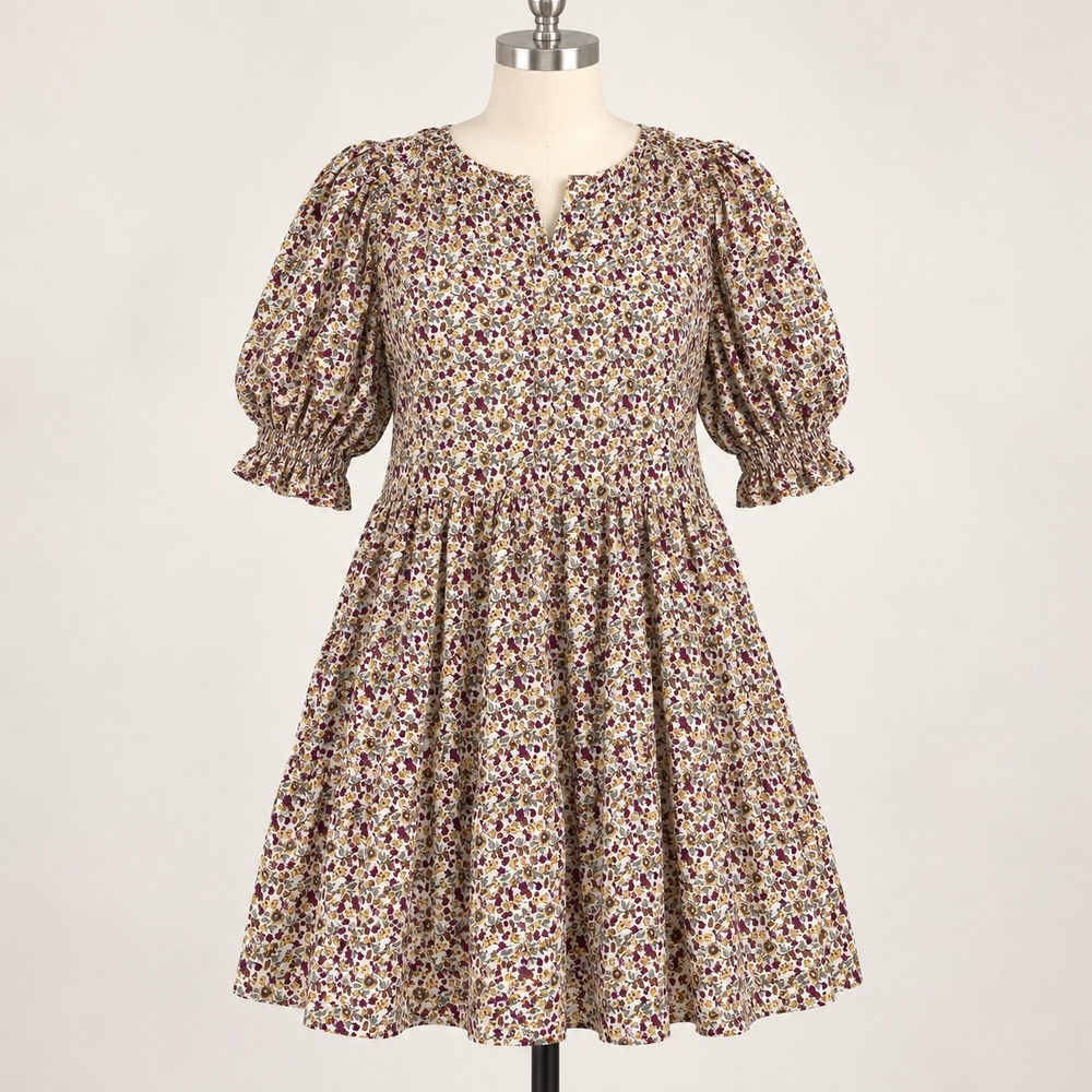 Natural Life Blair Pintuck Floral Mini Dress Autumn Blossom Purple Ditsy XS/S